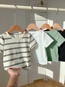 SHEIN Bộ 4 áo thun dài tay kẻ sọc dệt kim co giãn đa năng cho bé trai, thích hợp cho mùa xuân/hè, trong nhà và ngoài trời - Đen và trắng - Xem 3
