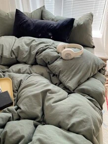 Set de ropa de cama dormitorio de 3 piezas, color verde manzana, 1 funda nórdica y 2 fundas de almohada, sin relleno, lavable a máquina - Verde - Ver 2