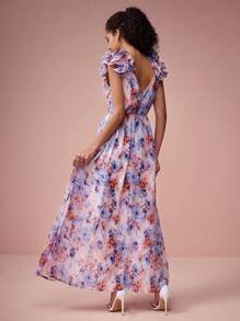 Enchnt 女士优雅花卉印花无袖连衣裙 - 藍色 - 查看 2