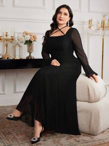 Modelyn 大码女式阿拉伯风格纯色网眼撞色长袖休闲连衣裙