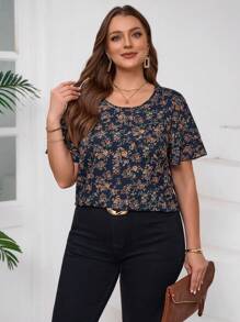 SHEIN Clasi 大码女式花卉印花圆领短袖衬衫、度假装 - 藏蓝色 - 查看 6