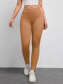 SHEIN Essnce Women's High Waist Skinny Stretchy Knit Casual Versatile Jeans - Orange - View 7
