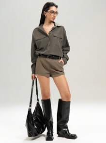 LYSMO Casual Minimalist Solid Color Low Waist Shorts - Olive Green - View 5