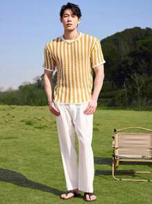 Manfinity Chillmode Men's Striped Crew Neck Short Sleeve Hollow Out Knit Top - Yellow - View 3