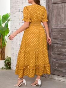 SHEIN Clasi Plus Size Women's Yellow Polka Dot Print Ruffle Hem Elegant Dress, Women's Resort Wear, Women's Summer Dress, Women's Business Casual Wear, Going Out Wear, Women's Office Wear, Women's Spring Dress, Festival Wear, Old Money Wear, Polka Dot Dress Women's Plain Wear, Romantic Dress, Women's Floral Dress - Yellow - View 2