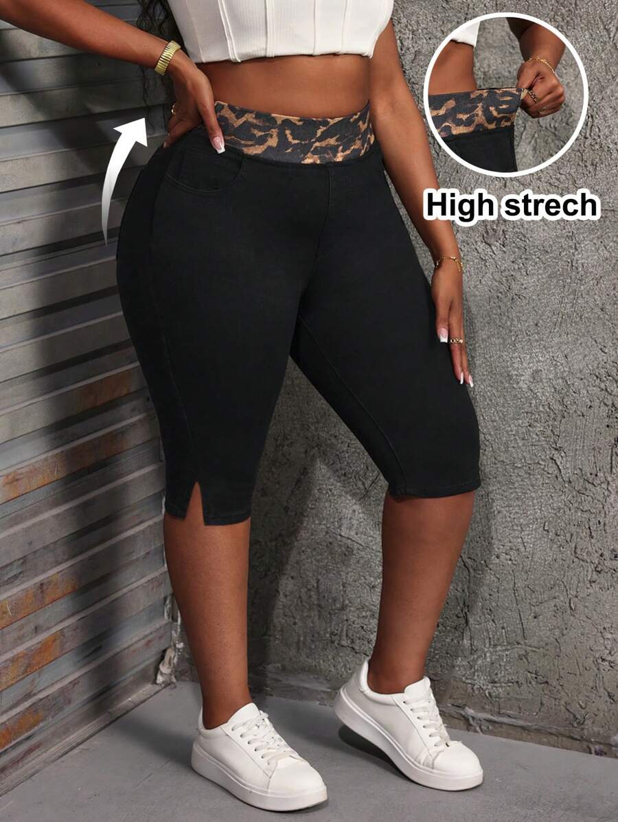 SHEIN SXY Plus Size Denim Jeans, Sexy Skinny Fit Capri Pants With Leopard Print Waistband - Multicolor - View 1