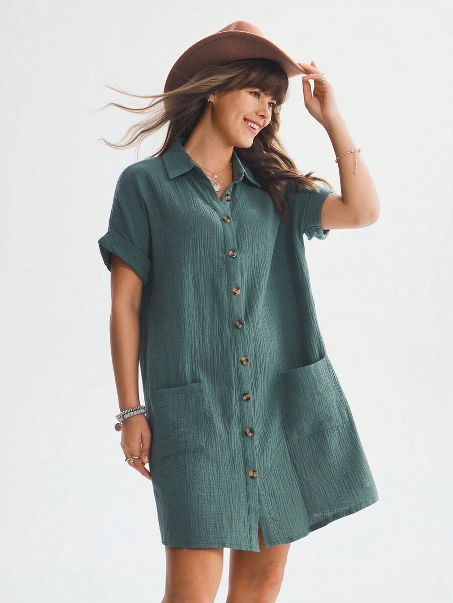 SHEIN LUNE Váy sơ mi tay cánh dơi màu trơn mùa hè dành cho nữ - Màu xanh lá cây đậm - Xem 1