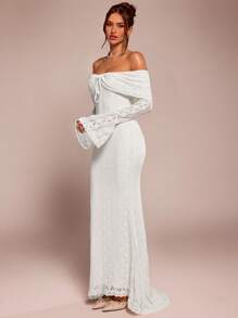 SHEIN BAE Váy Maxi đuôi cá dài tay trễ vai ren trắng thanh lịch dành cho nữ, thích hợp cho đám cưới, tiệc tùng, váy phù dâu - trắng - Xem 4