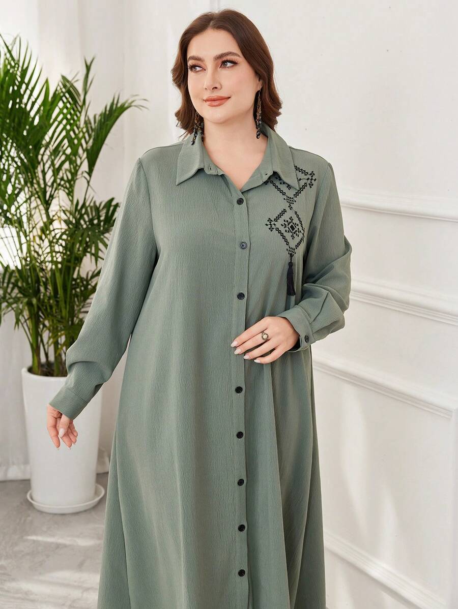 Lacomfia Vestido casual y holgado de camisa larga con bordados para mujeres de talla grande, modesto