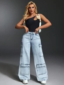 SHEIN BAE Jeans holgados de mujer con bolsillos de carga y pierna ancha - Azul - Ver 5