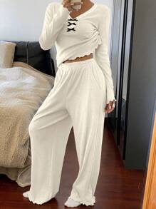 Livesso Pijama de primavera, conjunto de body con aplicación de encaje, lazo y dobladillo ondulado, para vacaciones