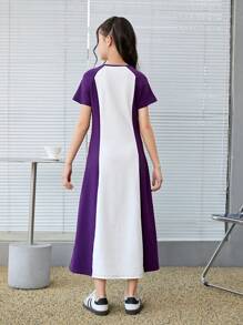 SHEIN Leap Crew Tween 女童拼色拼接 A 字形编织饰边圆领休闲运动长款短袖连衣裙 - 紫色 - 查看 2