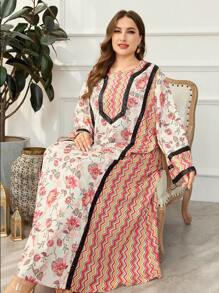 Al Najma Plus Size Long Sleeve Sequins & Printed Arabic Style Dress Fall Cloth For Women - Multicolor - View 4