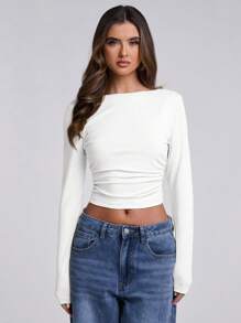 SHEIN BAE Women's Solid Color Date Night/Bachelor Party/Cocktail Party/Back To School Season/Concert/Rave Party/Fashion High Street Outing/Sexy Backless Bowknot Simple Pleated T-Shirt/Concert Women/Sexy Top - White - View 5