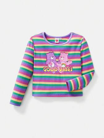 SHEIN X Care Bears Young Girl Cute Sweet Cartoon Bear Letter & Rainbow Stripe Print Long Sleeve T-Shirt, Suitable For Spring, Autumn & Winter