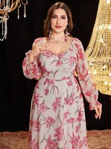 Modelyn Plus Size Women Lantern Sleeve Pleated Wrap Chest Elastic Waist Gathered Elegant Romantic Floral Print Chiffon Dress, Spring And Summer - Multicolor - View 1