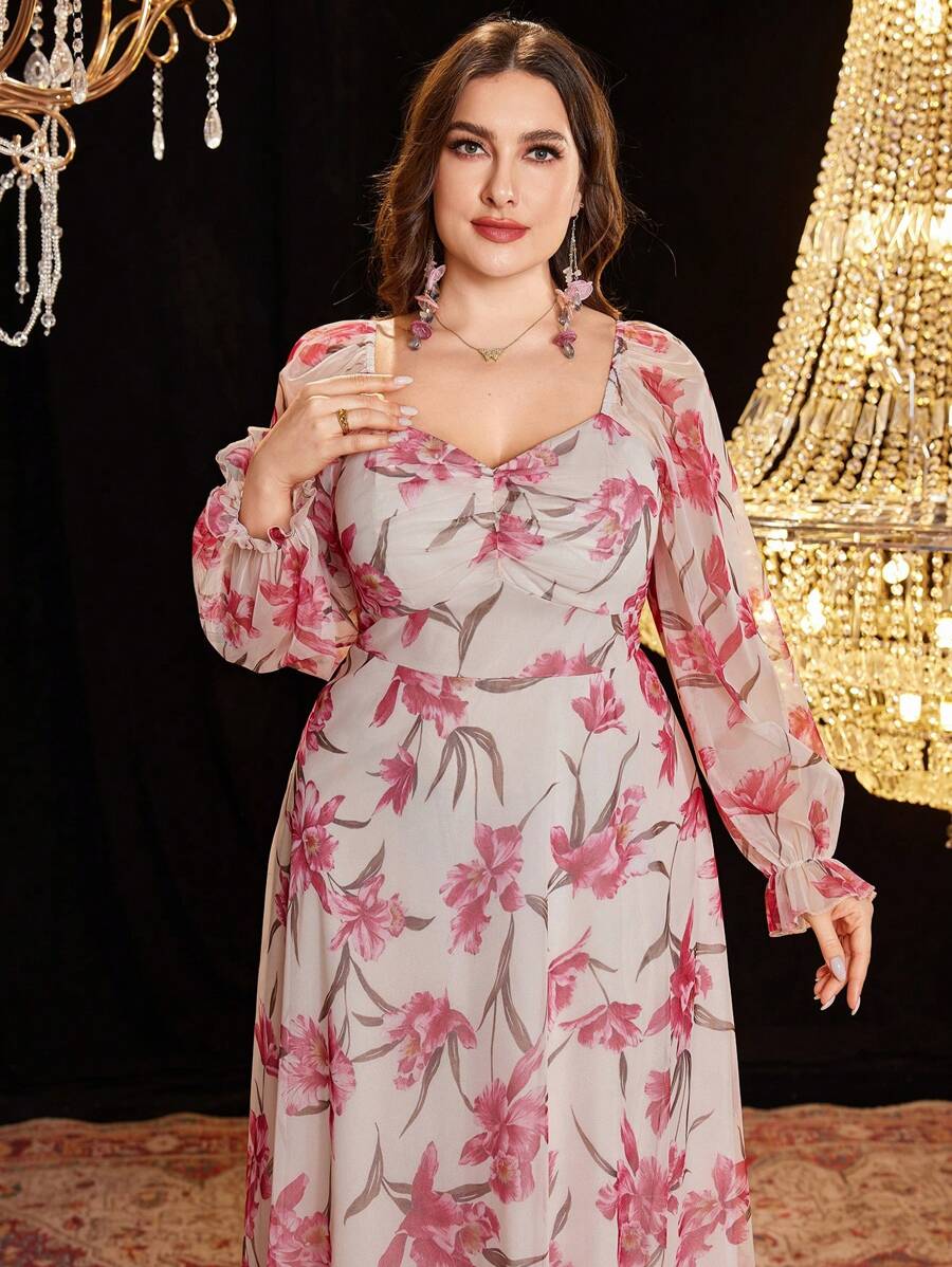 Modelyn Plus Size Women Lantern Sleeve Pleated Wrap Chest Elastic Waist Gathered Elegant Romantic Floral Print Chiffon Dress, Spring And Summer - Multicolor - View 1