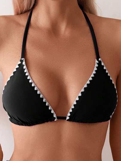 Swim Basics Women's Contrast Trim Black Halter Bikini Top, For Summer Beach Vacation