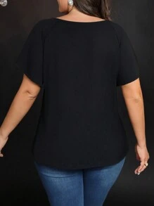 SHEIN LUNE Plus Size Women V-Neck Black Ruffle Tie-Up Bow Raglan Sleeve Casual Loose Short Sleeve Blouse Cooling Dress Stress Relief Outfit Evening Long Gown Elegant Fashion Women Lounge Summer Outfits For Women St. Patrick Day Rave Outfits Festival Spring Break Outfits Saint Patrick Boho