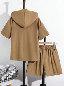 SHEIN 2pcs Casual Teenager Boy Set - Hooded Jacket With Functional Pockets And Elastic Waist Shorts, Soft And Comfortable, Versatile For Daily Wear, Outdoor, School, Streetwear, Party, Leisure, Suitable For Spring, Summer, Autumn