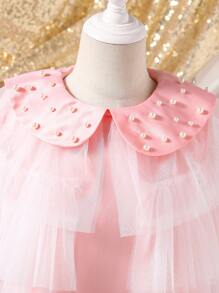 Váy cưới ren chắp vá màu hồng satin bóng cho bé gái tuổi teen có cổ áo xếp nếp và ngọc trai, dài vừa phải cho các buổi đi chơi, tiệc tùng, sinh nhật - Hồng - Xem 3