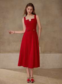 MOTF PREMIUM BUTTON DECOR FOLD PLEATED DRESS - Red - View 6