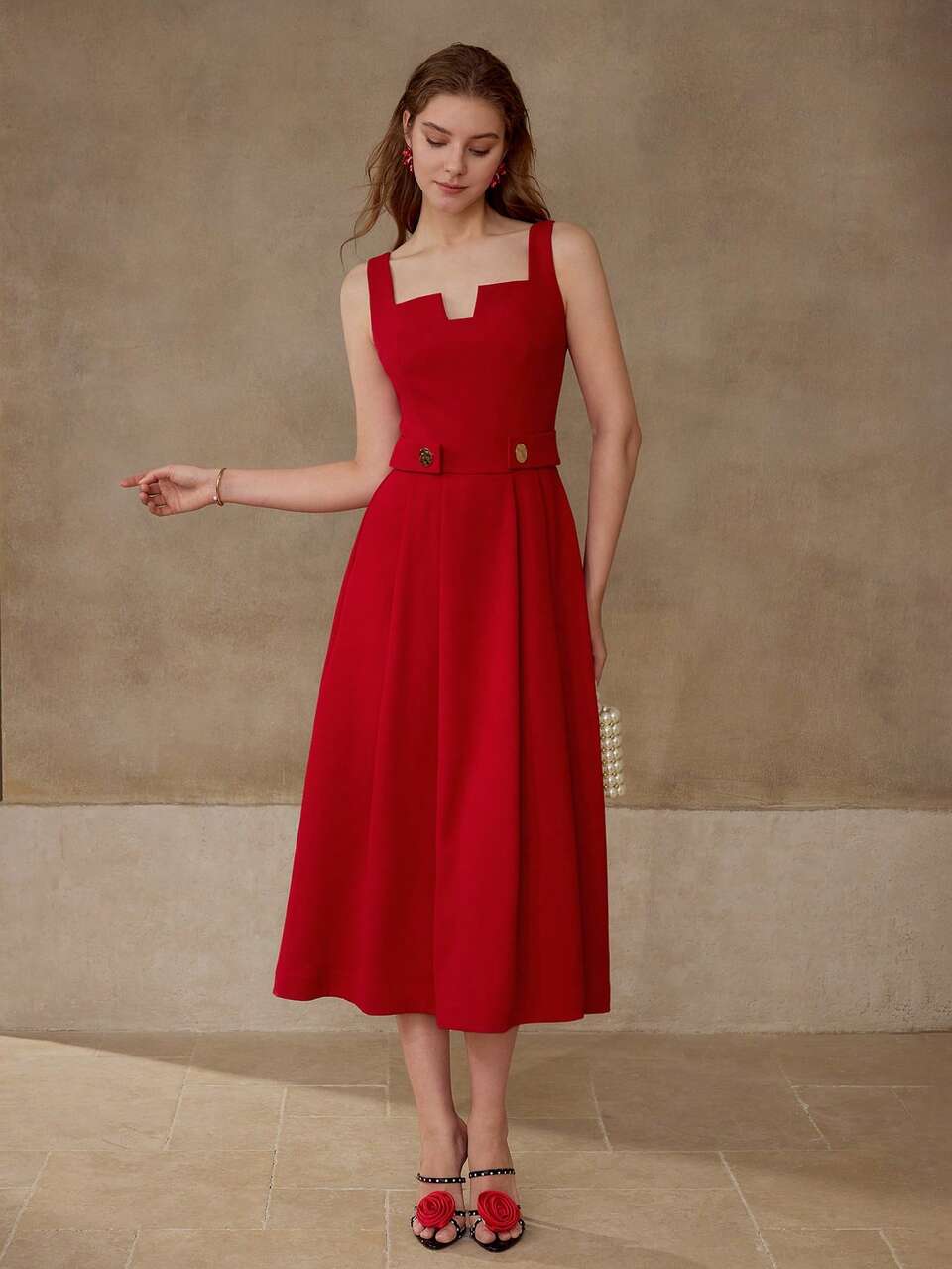 BUTTON DECOR FOLD PLEATED DRESS