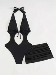 Swim EVENT Springbreak 新款女士性感连体泳衣，带迷你网眼裙、镂空露背上衣、银色心形和星形吊坠设计，适合音乐节、泳池和海滩度假的时尚派对装 - 黑色 - 查看 5
