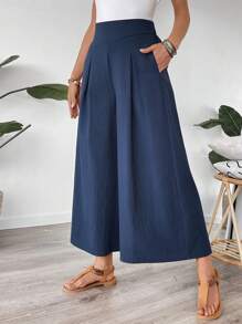 EMERY ROSE Women's Solid Color Pleated Wide Leg Loose Casual Pants - Navy Blue - View 3