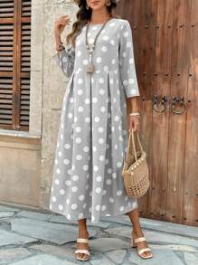 EMERY ROSE 女士圆点印花圆领 3/4 袖口袋连衣裙 - 灰色 - 查看 5