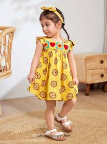 Cozy Pixies Baby Girl Pattern Square Neck Ruffle Trim Waist Sleeveless Dress - Yellow - View 7