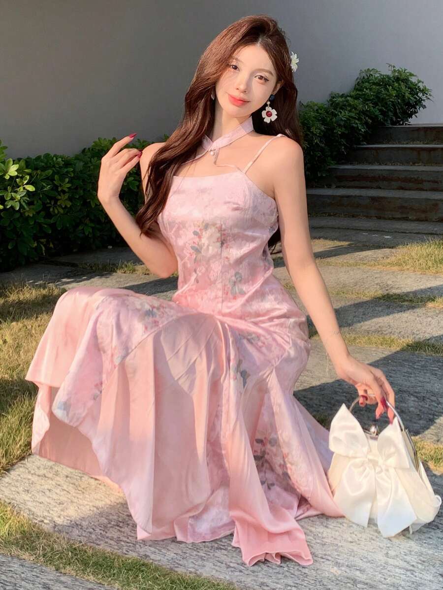 DAZY 印花翻领鱼尾中长款旗袍连衣裙,荷叶边花卉图案长款连衣裙,鸡尾酒会礼服,度假装扮 - 粉色 - 查看 1