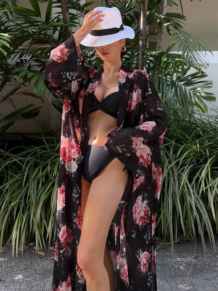 Women Floral Print Side Slit Sheer Kimono Cover Up, For Summer Beach Vacation Boho