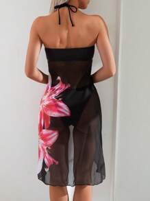 SHEIN Swim 2pcs/Set Women Spring Break Graphic Print Tankini Top And Skirt, Vacation Beach Style For Summer - Black - View 2