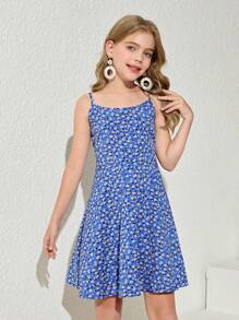 SHEIN Tween Girls' Street Style Fashion Woven Ditsy Floral Camisole Dress - Blue - View 3