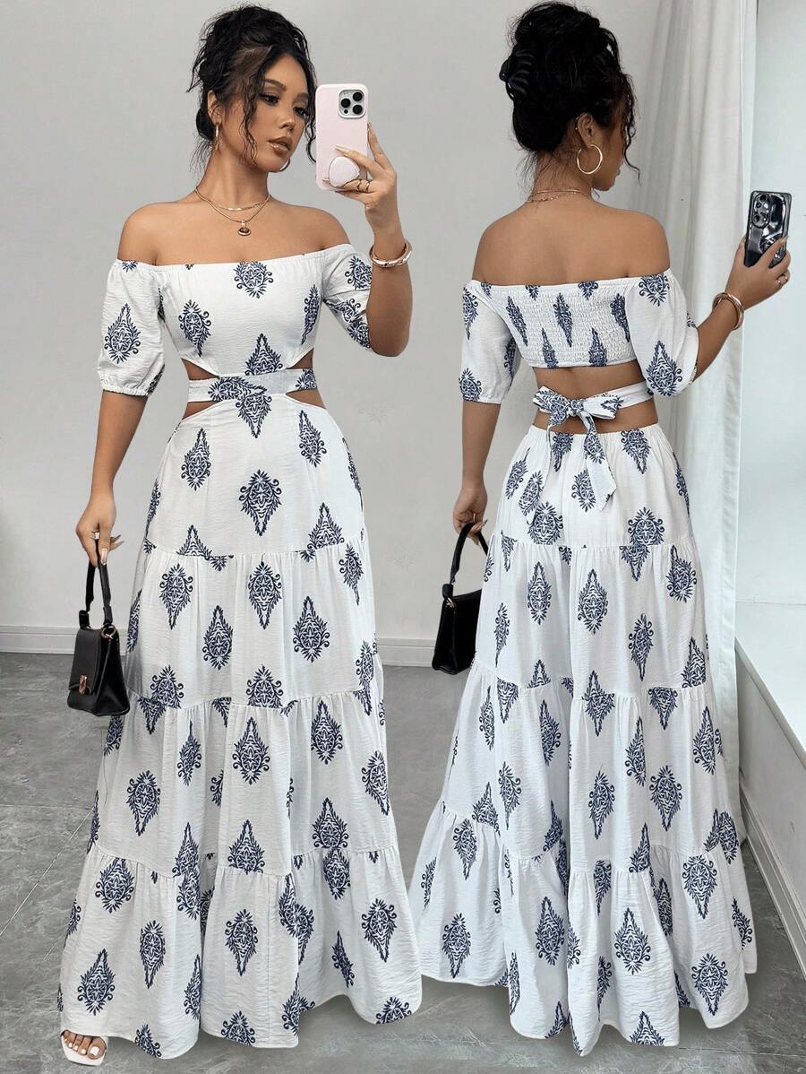 Chiquease Women's Holiday Floral Print Off Shoulder Cutout Waist Summer Dress - Multicolor - View 1