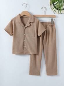 Young Boy 2pcs Set: Casual Fashionable Faux Wood Grain Textured Fabric Lapel Short Sleeve Shirt And Relaxed Fit Pants - Khaki - View 1