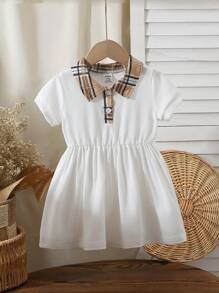 女宝宝休闲拼色领口白色针织短袖连衣裙，韩版，夏季 - 白色 - 查看 3
