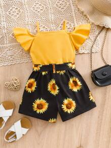 SHEIN 女婴可爱花卉印花针织露肩上衣和短裤套装，夏季