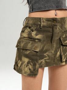 LYSMO 女式橄榄绿色工装口袋迷你裙