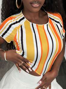 BamGleam BamGlam Fashionable Multi-Color Stripe Print Round Neck Short Sleeve T-Shirt For Women