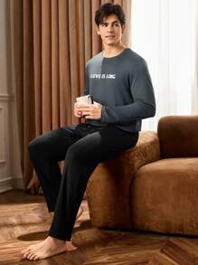 Men's Letter Print Long Sleeve Pajama Set - Blue and White - View 1