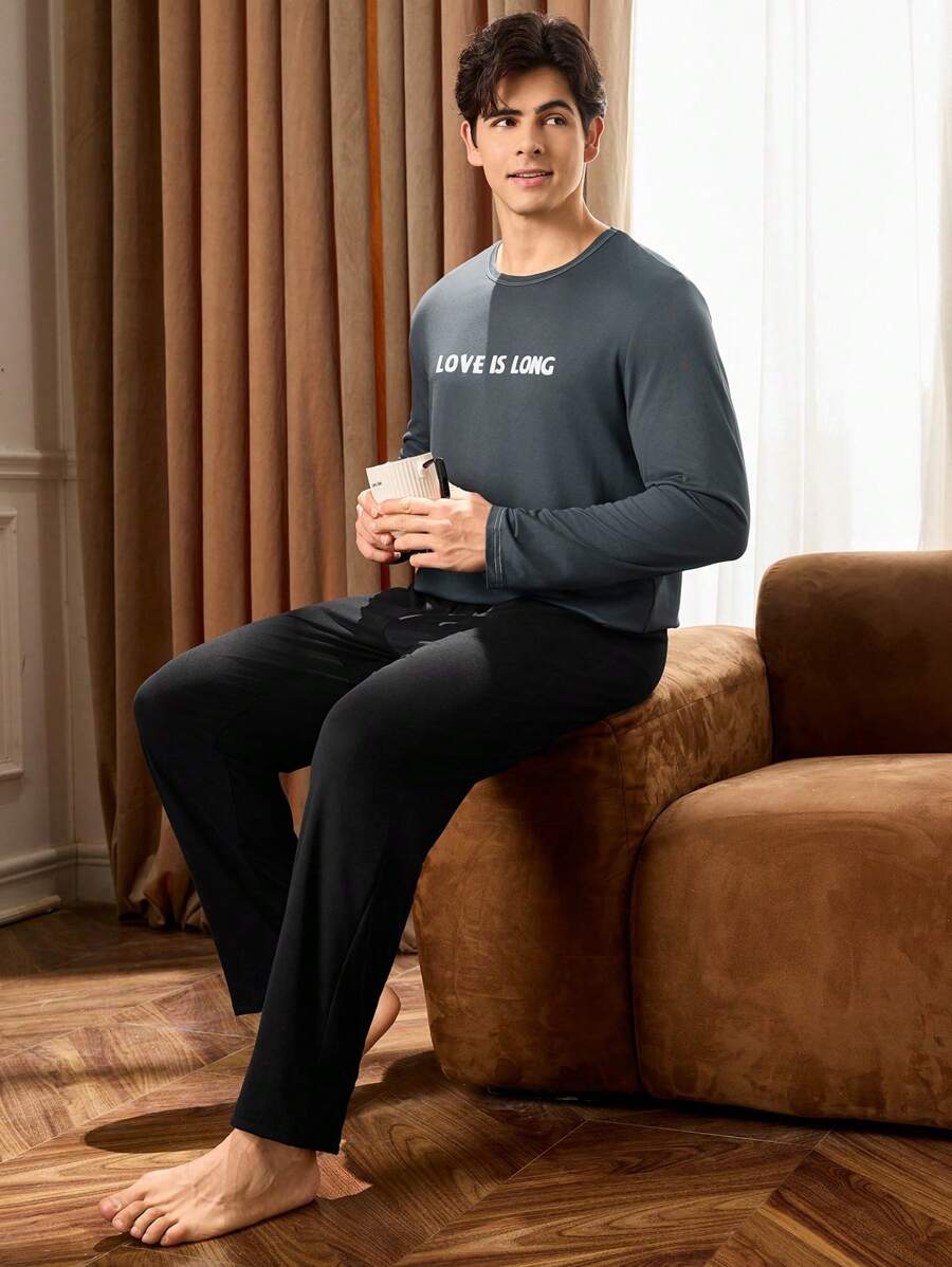 Men's Letter Print Long Sleeve Pajama Set - Blue and White - View 1