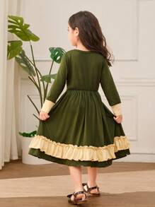 SHEIN 年轻女孩拼色荷叶边下摆连衣裙 - 彩色 - 查看 2