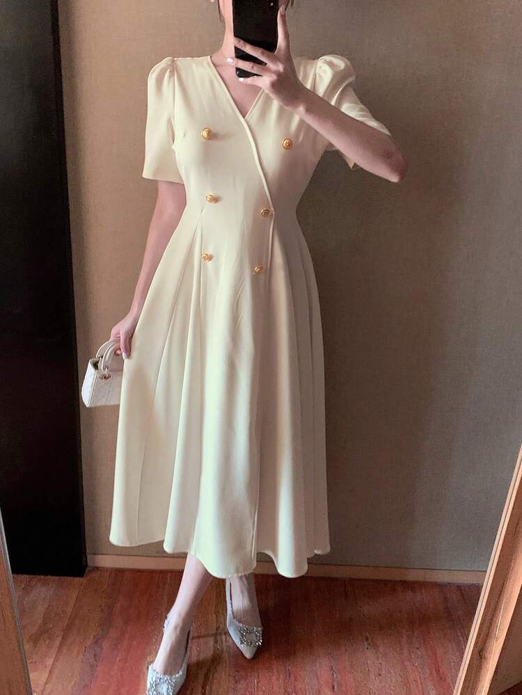 Solid V-Neck Puff Sleeve Women's Mid-Length Dress Prom Dress Sundress,Formal Women Dresses Elegant Women Dresses Maxi Dress