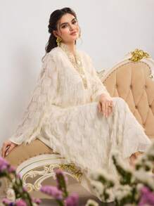 Al Najma 女士优雅宴会杏色流苏饰边 V 领织带喇叭形长袖阿拉伯风格长裙，春季，适合晚会/婚礼嘉宾/周年纪念，长袍和 Jalabiya，端庄 - 杏色 - 查看 2