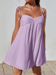 SHEIN EZwear 1pc Women Solid Color Ruffle Loose Mini Cami Babydoll Dress,Lavender Dress - Mauve Purple - View 3