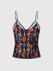 ThisUniqueVibe Magical Colorful Mushroom Print Camisole & Shorts Satin Pajama Set, Casual Loungewear