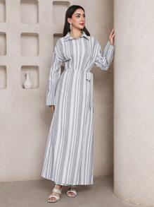 Veilorie 条纹说唱风格度假休闲连衣裙女式休闲条纹抽绳裹身长袍连衣裙，端庄 - 彩色 - 查看 3