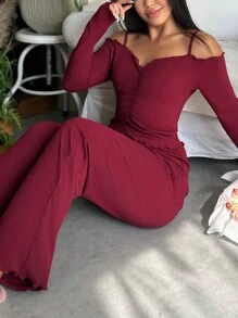 一套性感露肩酒红色针织家居服套装，女士居家休闲服，秋冬舒适优雅细节 - 酒紅色 - 查看 3